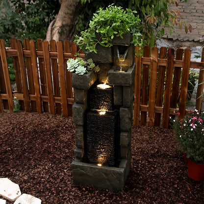 FountJoy Garden Landscaping Stacking Bricks Water Fountain - Patio Balcony LED Water Feature - Weather Resistant Resin Decor with Architectural Design
