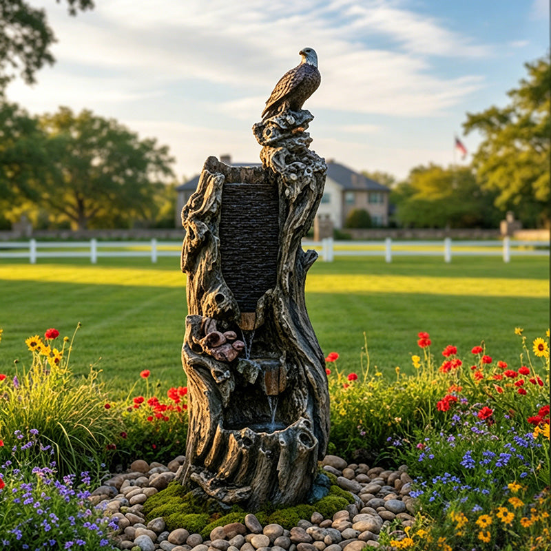 FountJoy 3-Tier Bald Eagle Rainforest Tree Trunk Water Fountain - 50.79" H Tall Outdoor Landscape Water Feature - Soft Shadow Display on Neutral Background