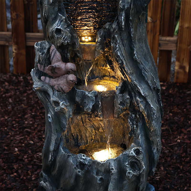 FountJoy Bald Eagle Tree Trunk Fountain Night Glow - Gentle LED Lighting Reflecting on 3-Tier Cascading Water - Soothing Evening Garden Patio Ambiance