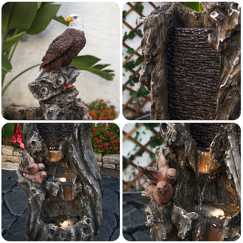 FountJoy Bald Eagle Tree Trunk Waterfall Close-Up - Dramatic 3-Tier Cascading Water Creating Majestic Landscape Focal Point - Ideal for Backyard Garden