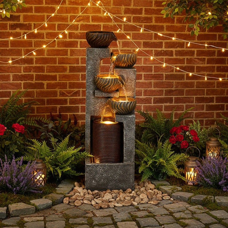 5-Tier Circular Curtain Bowl Outdoor Fountain with LED, 44.09" H | LS4628