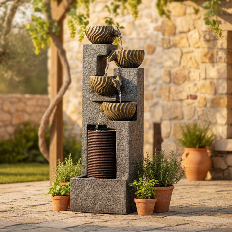 FountJoy Backyard Lawn Porch Circular Wave Water Fountain - Deck Modern Minimalist LED Water Feature - Weather Resistant Resin Decor with Wave Texture