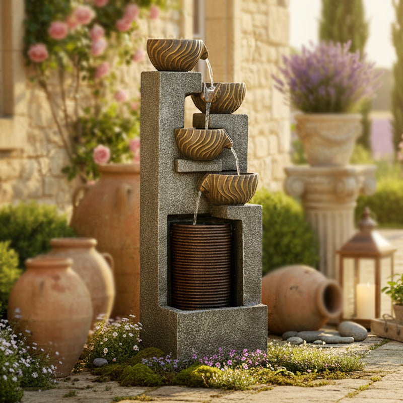 FountJoy 5-Tier Circular Wave Water Fountain - 44.09" H Modern Minimalist Outdoor LED Water Feature - Soft Shadow Display on Neutral Background