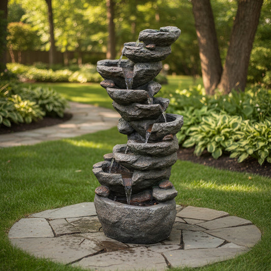 10-Tier Cascading Rock Outdoor Water Fountain with LED, 39.76" H | LS4629