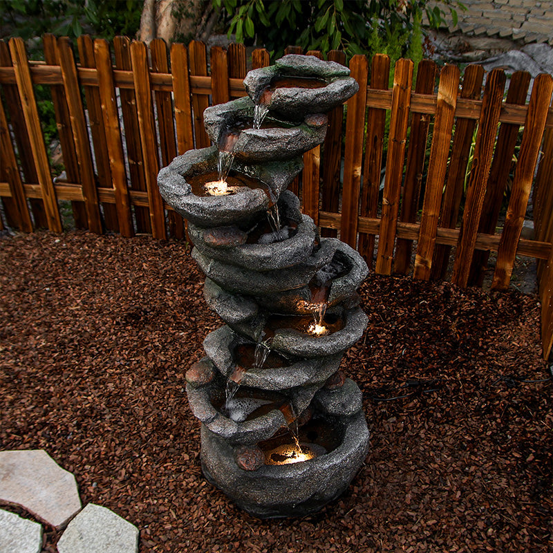 FountJoy Lighted 10-Tier Rock Water Fountain - Warm LED Lights Illuminating Cascading Water - Nighttime Garden Cozy Enchanting Retreat