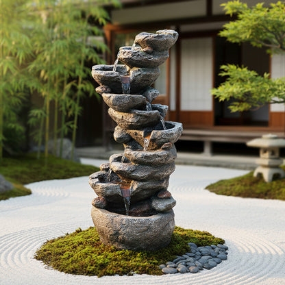 FountJoy 10-Tier Cascading Rock Water Fountain - 39.76" H Outdoor Garden LED Water Feature - Soft Shadow Display on Neutral Background