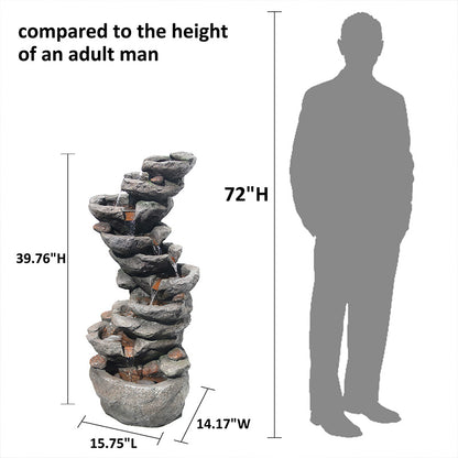 FountJoy 39.76" 10-Tier Cascading Rock Water Fountain Dimensions - Height Width Depth with Durable Resin Base