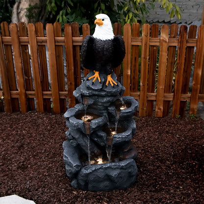 FountJoy Lighted Bald Eagle Rock Water Fountain - Warm LED Lights Illuminating Cascading Rock Water - Nighttime Garden Centerpiece