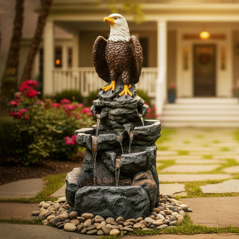 FountJoy Bald Eagle Statue Tiered Rock Water Fountain - 39.76" H Outdoor Garden LED Water Feature - Soft Shadow Display on Neutral Background