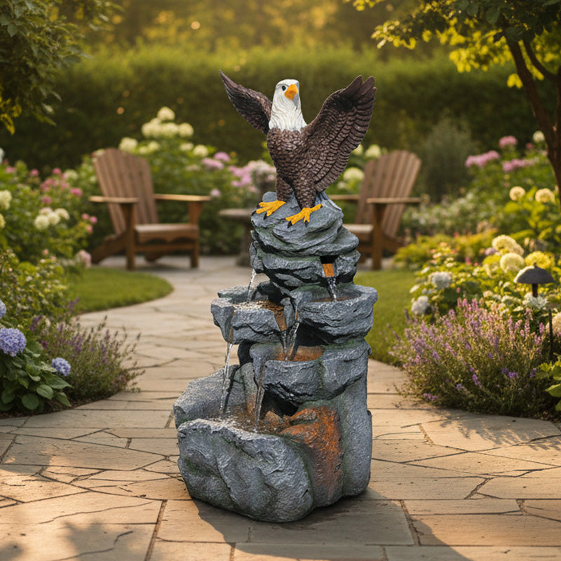 Bald Eagle Cascading Rock Waterfall Fountain — Feng Shui Transformation, Rebirth & Scorpio Power, 38.58" H, LED | LS5122