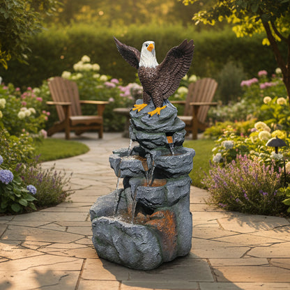 Bald Eagle Cascading Rock Waterfall Fountain — Feng Shui Transformation, Rebirth & Scorpio Power, 38.58" H, LED | LS5122