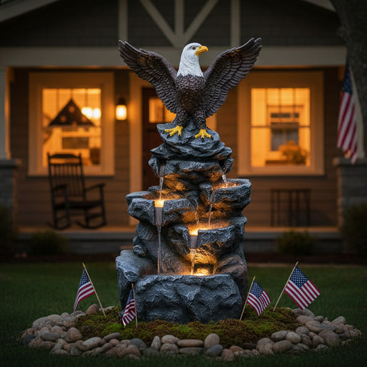 Bald Eagle Cascading Rock Waterfall Fountain, 38.58" H, LED Lights | LS5122
