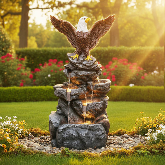Bald Eagle Cascading Rock Waterfall Fountain, 38.58" H, LED Lights | LS5122