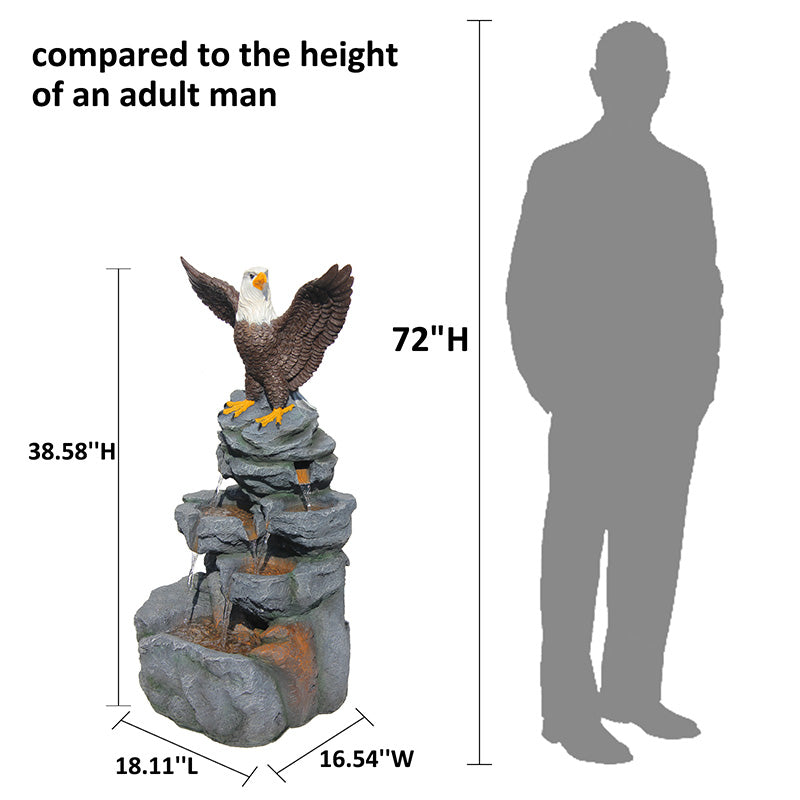 FountJoy 38.58" Tall Bald Eagle Statue Tiered Rock Water Fountain Dimensions - Height Width Depth with Premium Polyresin Base Built to Last