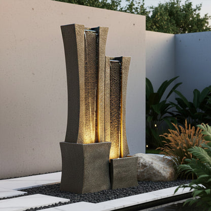 FountJoy 8005 fountain at home entryway, elegant curved design with illuminated base basins