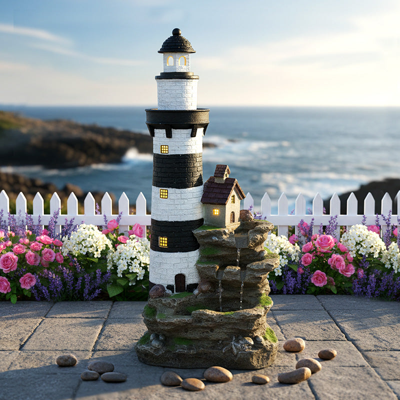 FountJoy Lighthouse Rock Water Fountain - 38.58" H 3-Tier Outdoor Garden LED Water Feature - Front View