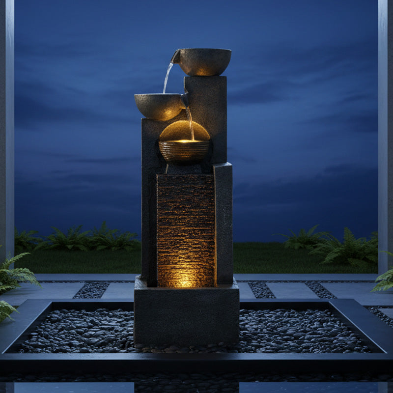 FountJoy 3-LED Lighted Water Fountain - Warm Glow Cascading Water Feature for Night Garden
