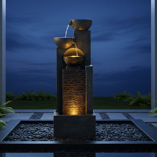 FountJoy 3-LED Lighted Water Fountain - Warm Glow Cascading Water Feature for Night Garden
