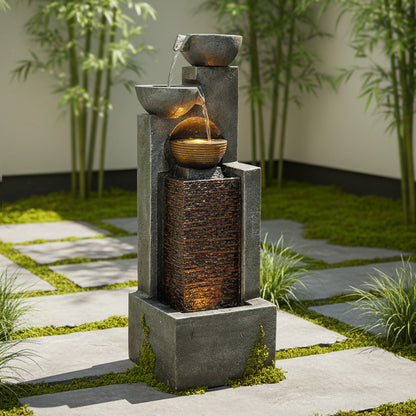FountJoy 4-Tier Bowl Cascading Water Fountain - 42.91" H Outdoor Garden LED Water Feature - Front View