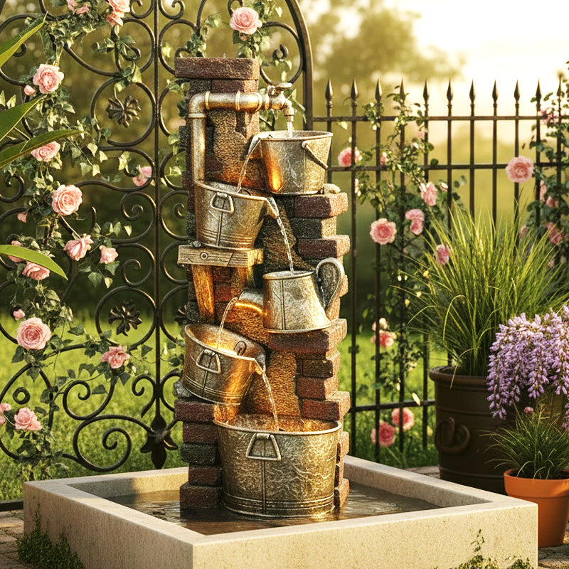FountJoy 3-Tier Modern LED Outdoor Water Fountain - Durable Polyresin Easy Setup Home Garden Decor - Soft Shadow Display on Neutral Background