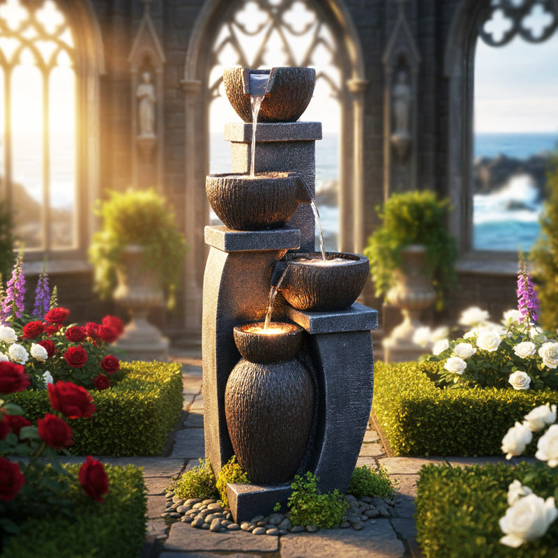 4-Tier Modern Curved Bowl Fountain, 37.4" H, LED Lights | 8001