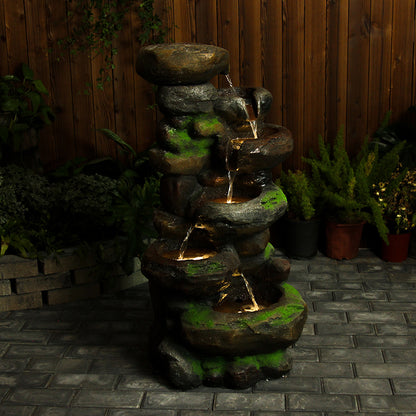 FountJoy Lighted Natural Stone Rock Water Fountain - Warm LED Lights Illuminating Cascading Rock Tiers - Nighttime Garden Patio Centerpiece