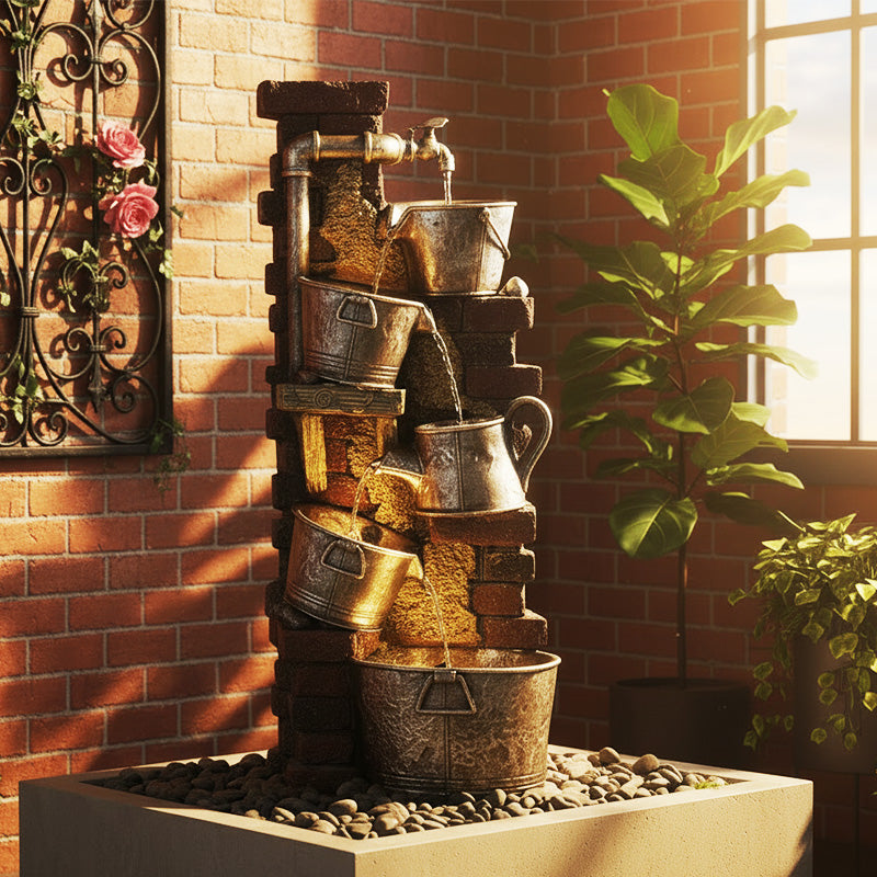 FountJoy Home Garden 3-Tier Modern Water Fountain - LED Water Feature for Patio Backyard Porch - Durable Polyresin Weather Resistant Decor
