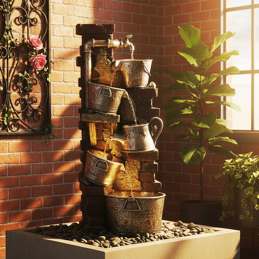 FountJoy Home Garden 3-Tier Modern Water Fountain - LED Water Feature for Patio Backyard Porch - Durable Polyresin Weather Resistant Decor