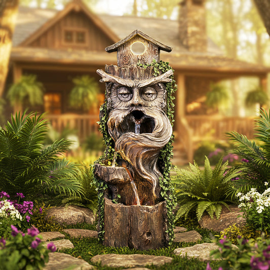 Tree Trunk Fountain with Bird Nest & Owl, 3-Tier, 33.46" H, 2 LED Lights|LS4175
