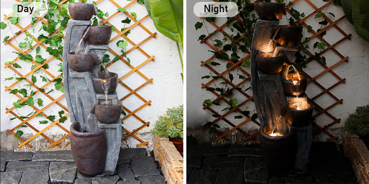 Comparison of the daytime and nighttime effects of the courtyard water feature fountain