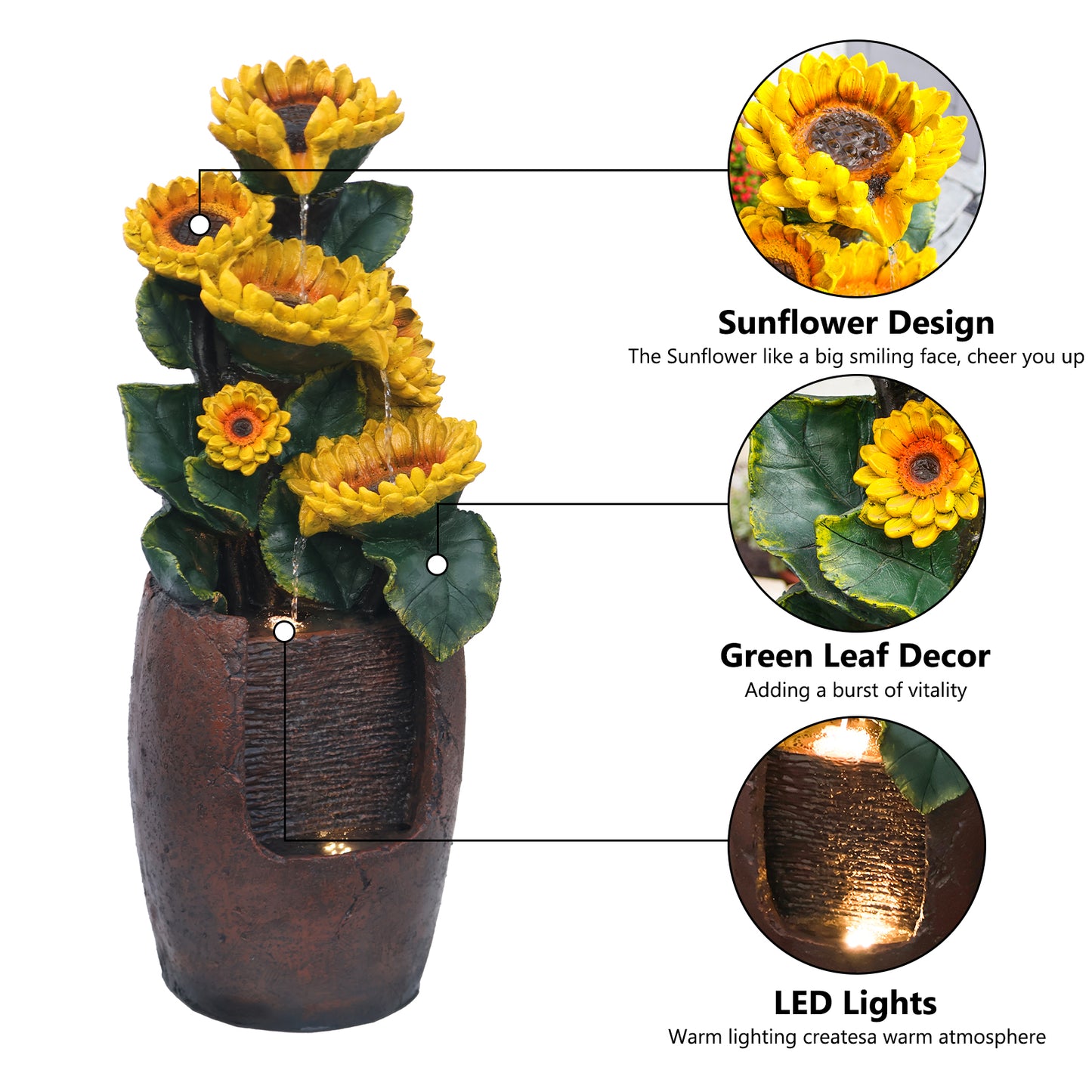 4-Tier Sunflower Cascading Fountain, 39.76" H, LED Lights | LS4187