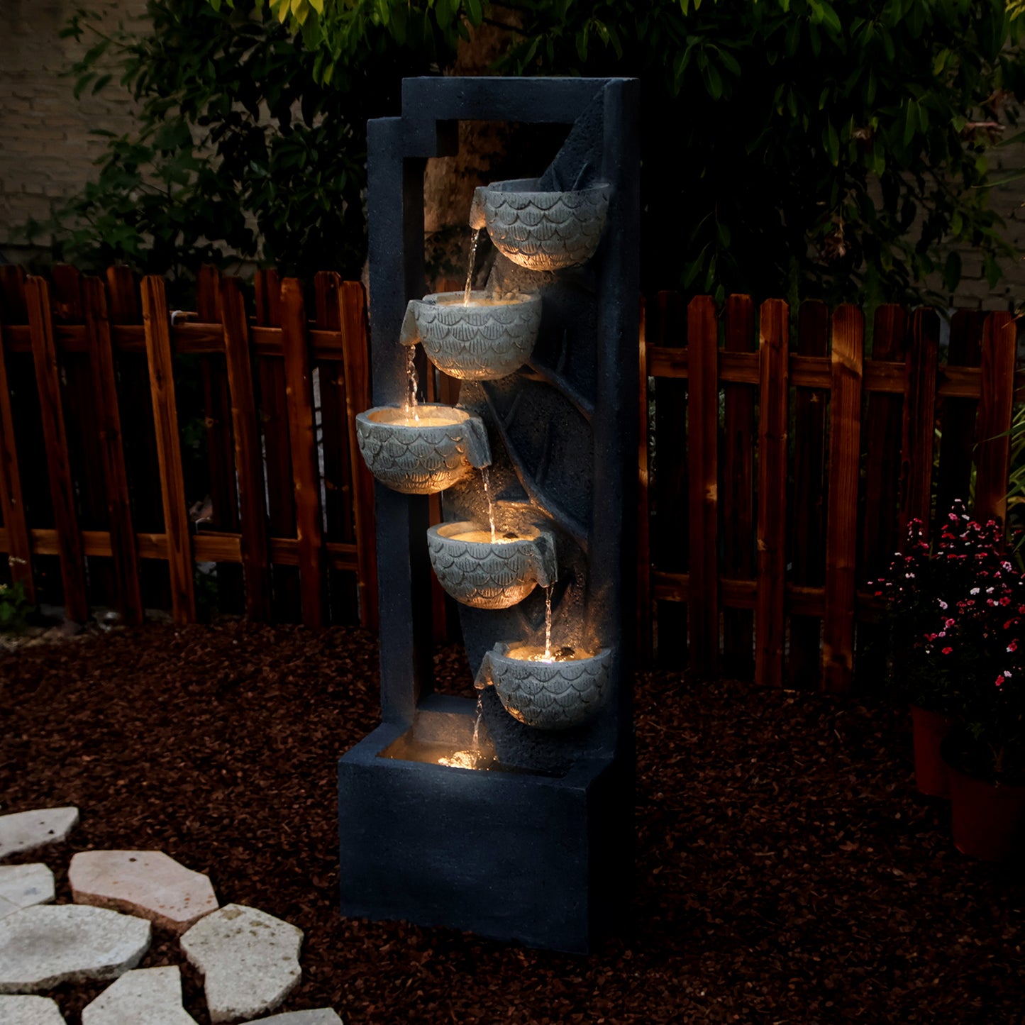 6-Tier Leafy Nest Modern Waterfall Fountain, 49.61" H, LED Lights | LS4614