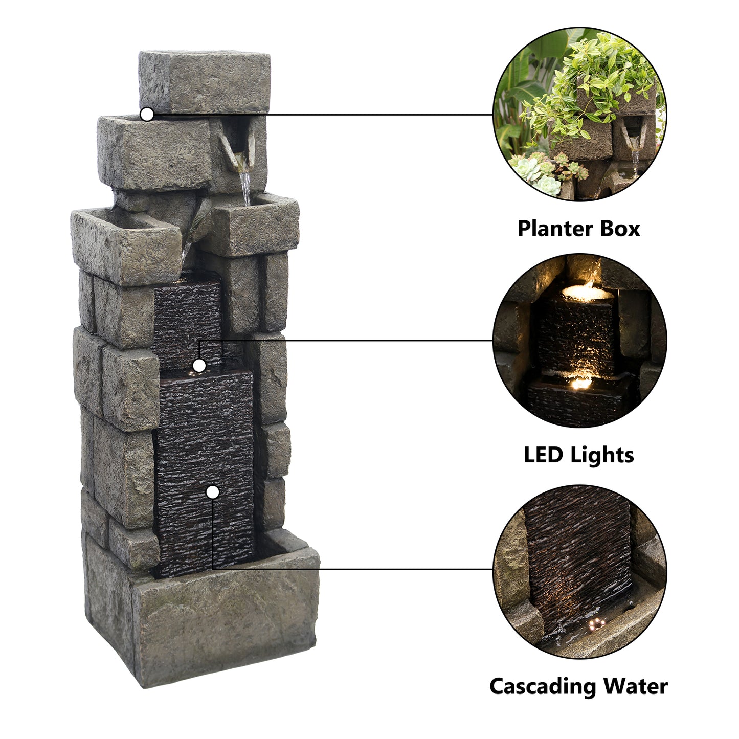 5-Tier Stacking Bricks Waterfall Fountain, 42.72" H, LED Lights | LS4617