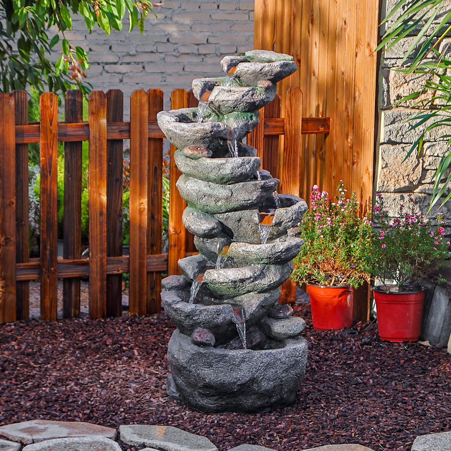 10-Tier Cascading Rock Water Fountain, 39.76" H, LED Lights | LS4629