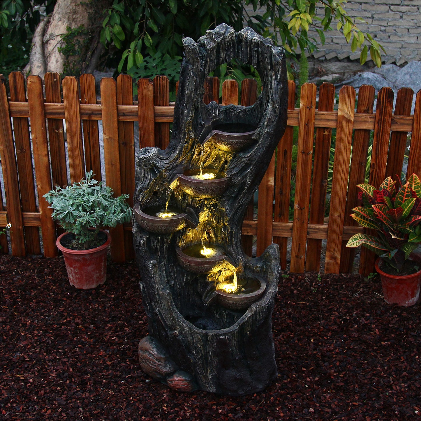 6-Tier Tree Trunk Rainforest Fountain, 43.31" H, LED Lights | LS4633