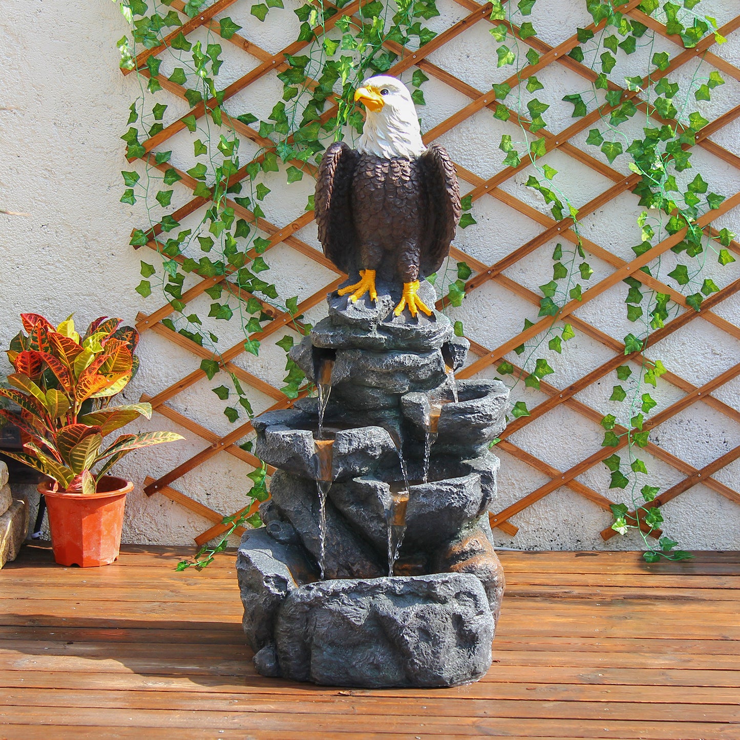 Bald Eagle Cascading Rock Waterfall Fountain, 39.76" H, LED Lights | LS5121