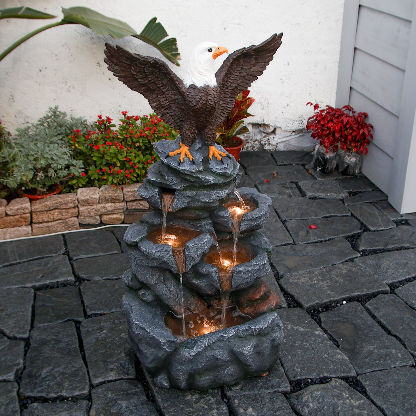 Bald Eagle Cascading Rock Waterfall Fountain, 38.58" H, LED Lights | LS5122