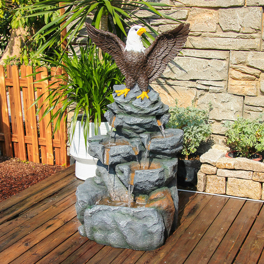 Bald Eagle Cascading Rock Waterfall Fountain, 38.58" H, LED Lights | LS5122