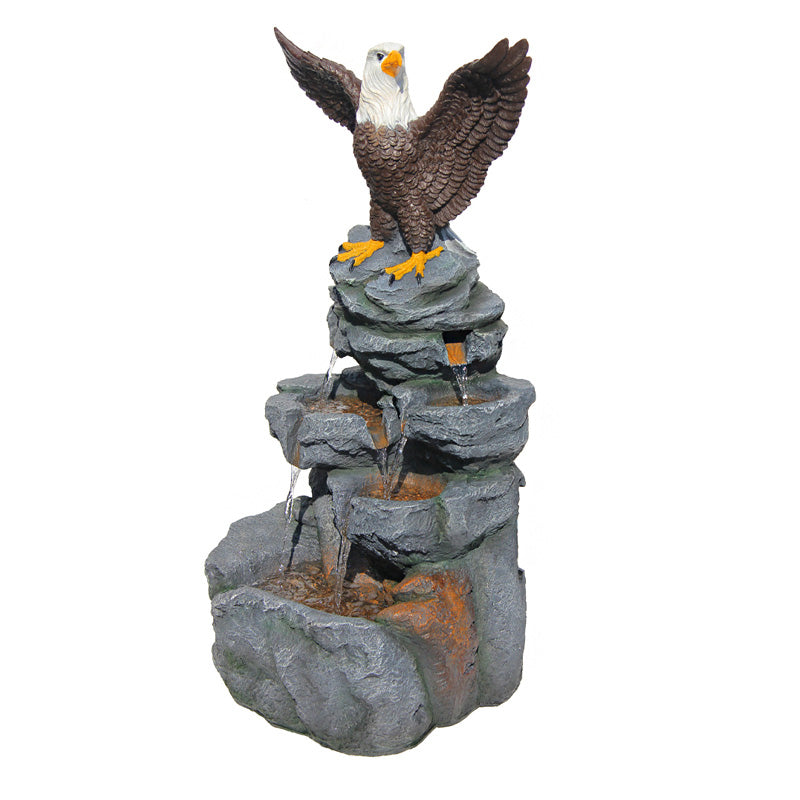 FountJoy Bald Eagle Statue Tiered Rock Water Fountain - Pure White Background Product Shot - 38.58" Tall for Easy Product Visualization