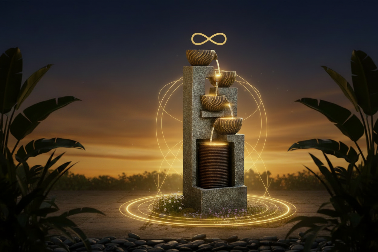 Stacked rock waterfall fountain surrounded by sacred geometry, floating crystals and Metatron's Cube — raise your vibration and attract abundance
