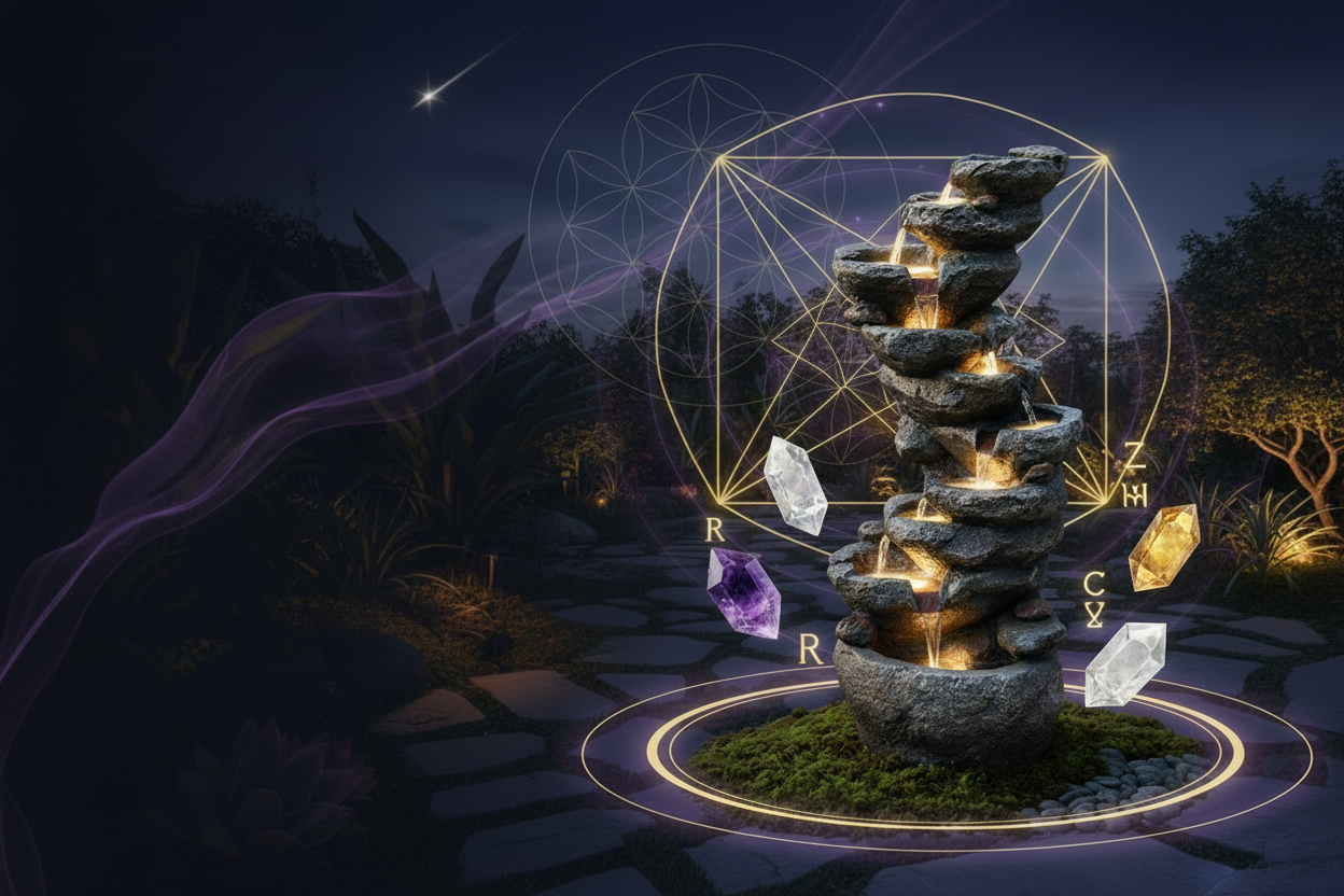 Feng shui outdoor water fountain with infinity energy rings and golden sacred geometry — activate wealth flow and abundance in your garden
