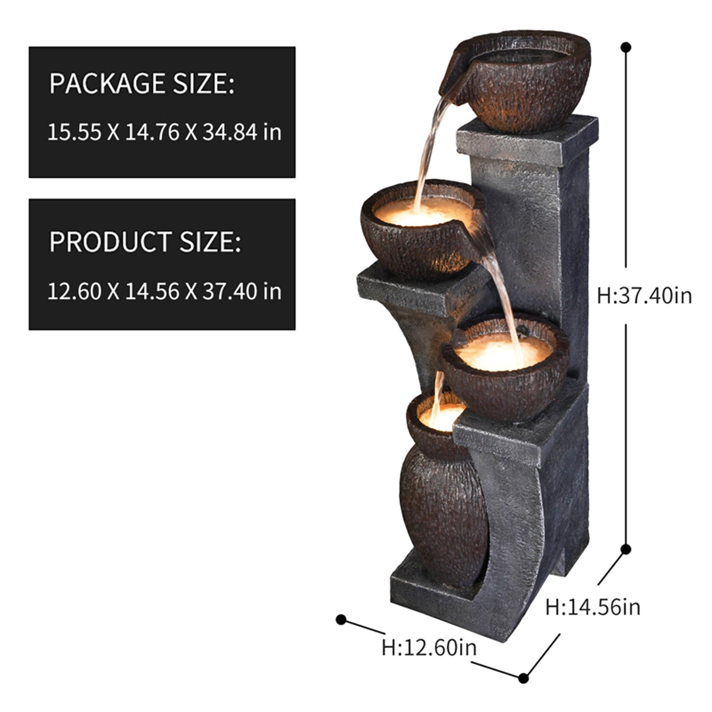 4-Tier Modern Curved Bowl Fountain, 37.4" H, LED Lights | 8001
