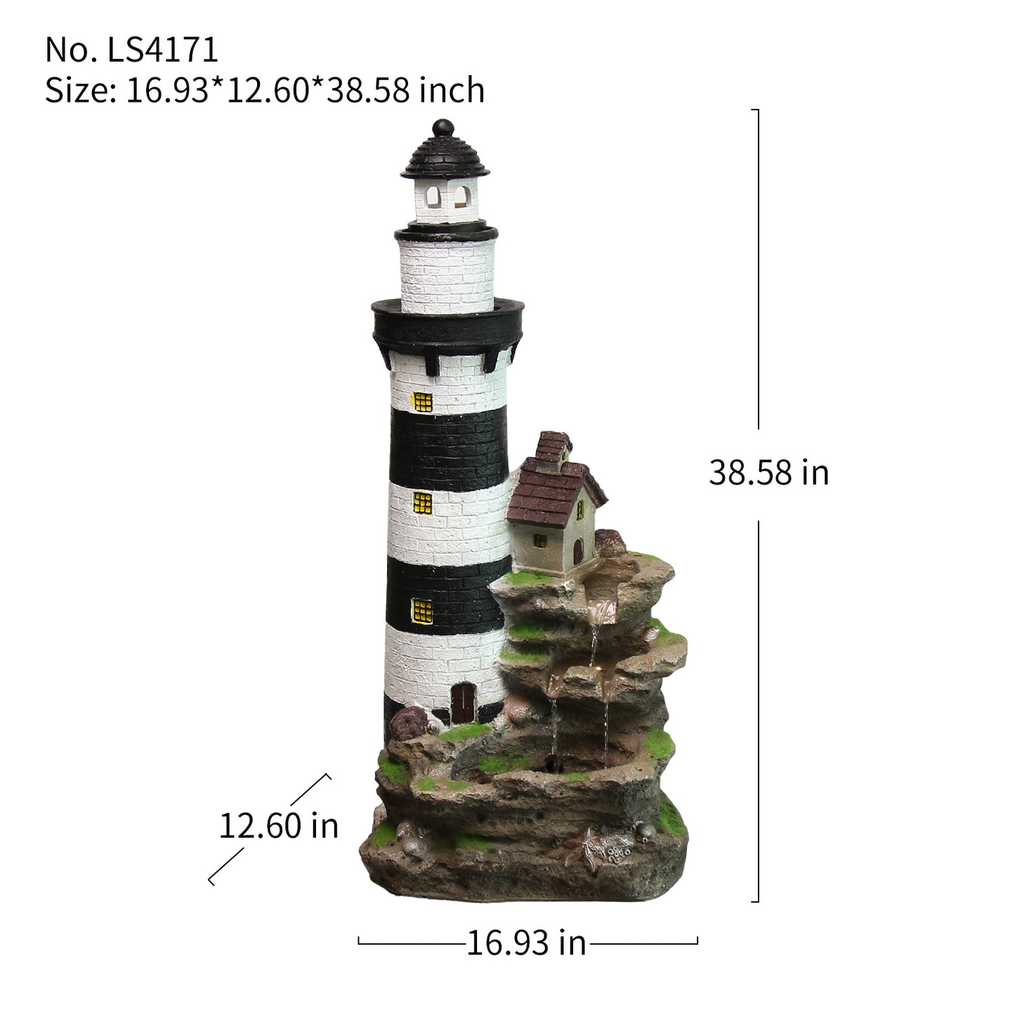 FountJoy 38.58" Lighthouse Outdoor Water Fountain Dimensions - Resin Floor Standing Decor