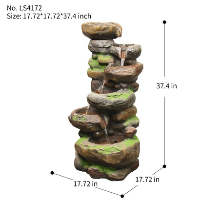 FountJoy 37.4" 6-Tier Natural Stone Rock Water Fountain Dimensions - Height Width Depth with Weather Resistant Resin Base