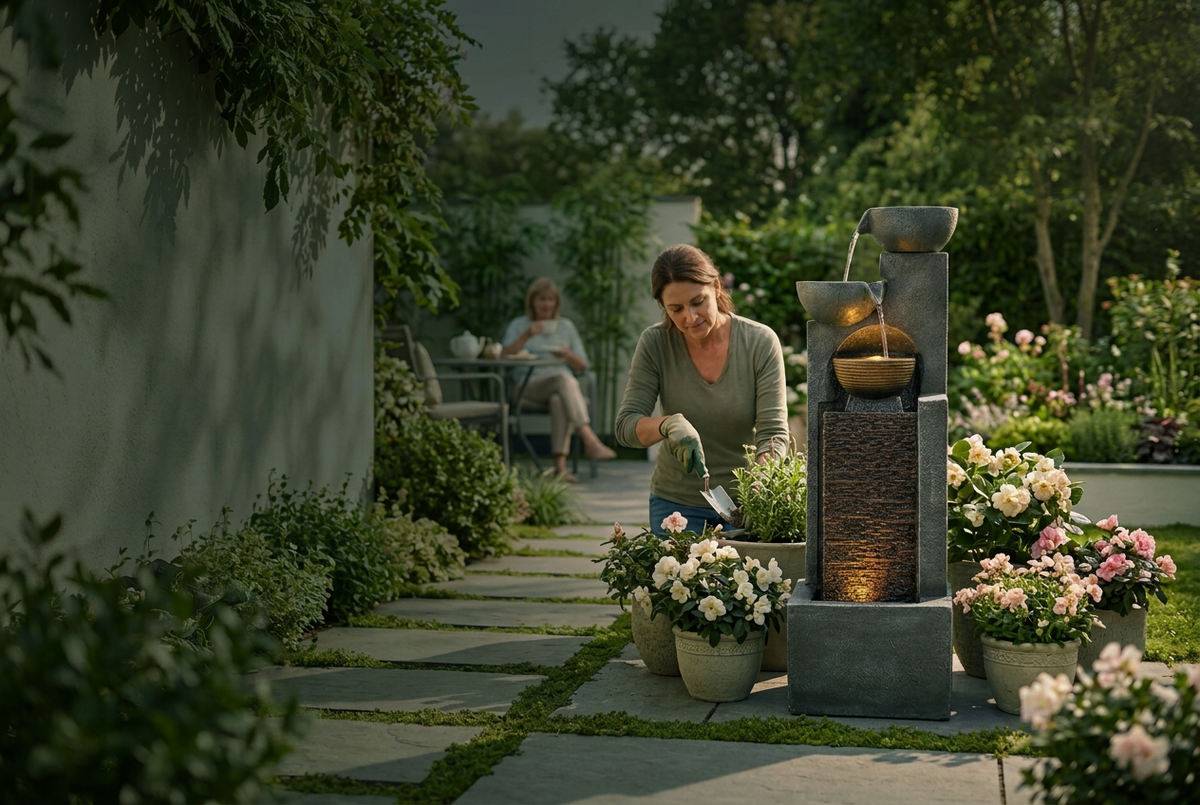 FOUNTJOY 8003 outdoor fountain with cascading bowls and a textured lower basin beside flowers and a garden seating area.