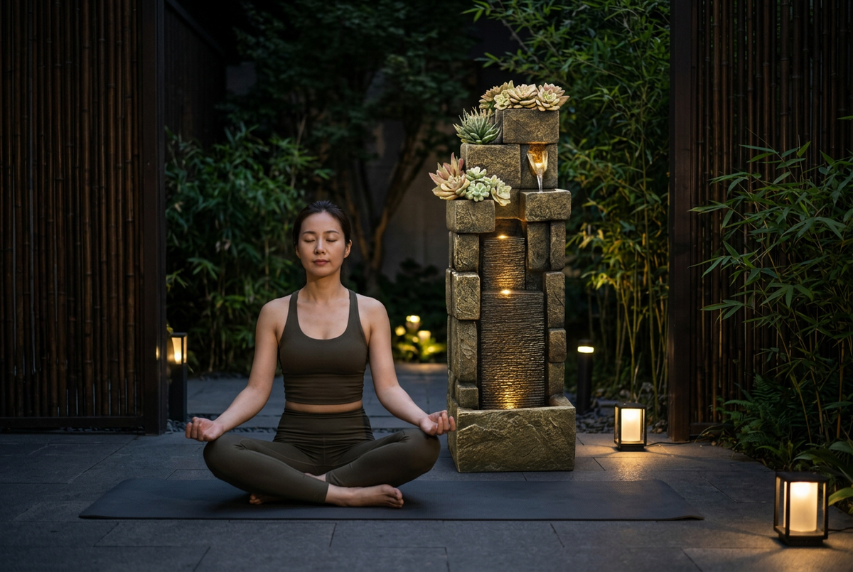 Set the scene for outdoor yoga and quiet reflection with flowing water and natural textures. Bring a Zen-inspired touch to your space, with a nod to feng shui traditions of movement and renewal.&nbsp;