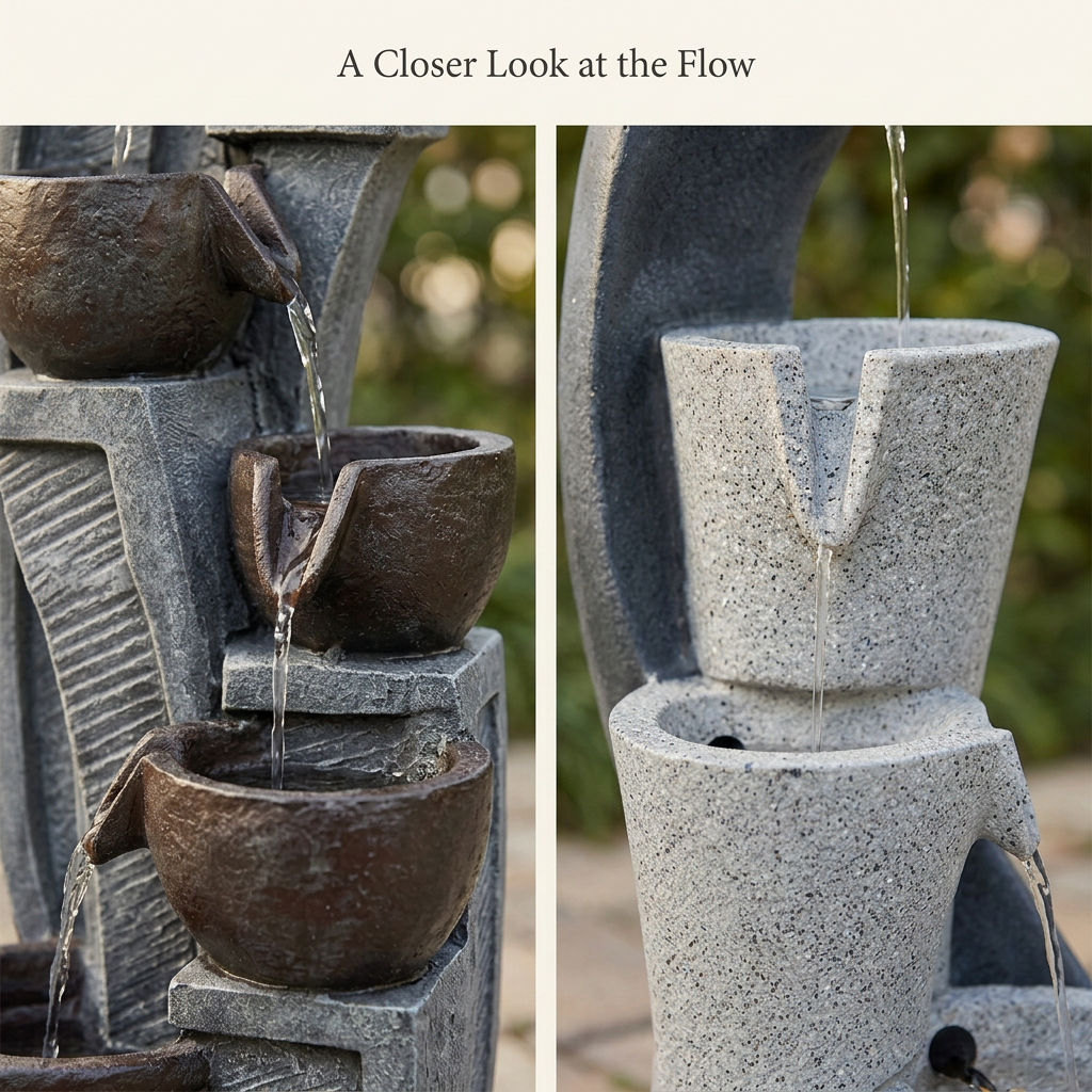 Close-up views of Patio Duo cascading bowls, flowing water and textured surfaces
