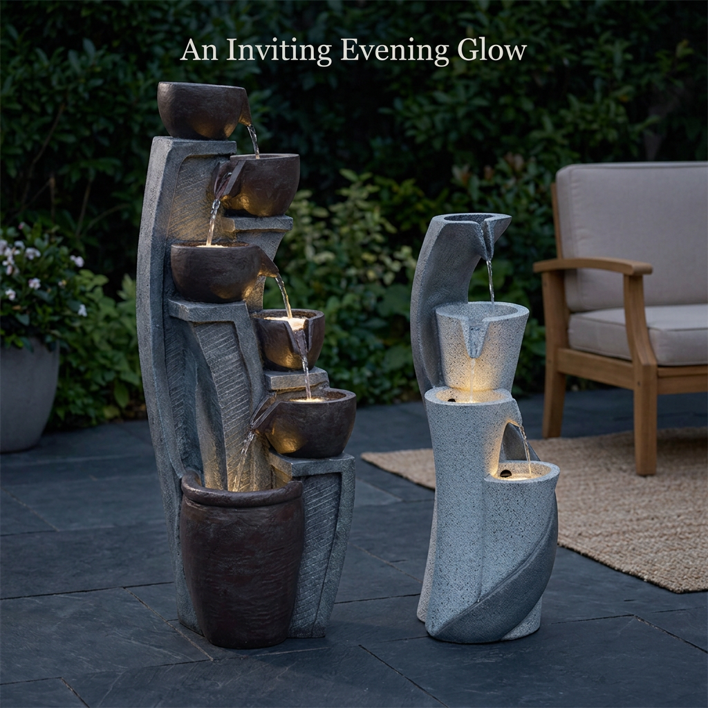 Patio Duo fountains with warm basin lighting on an evening patio