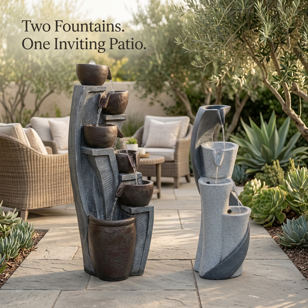 Patio Duo tall bowl-and-jar fountain and compact S-shaped fountain arranged together on a garden patio