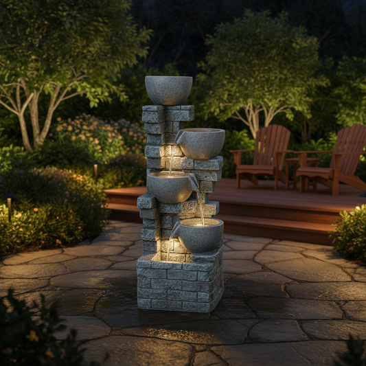 FountJoy LS4185 5-tier cascading bowl and stacked stones water fountain with planter top and LED lights – 39.37 inch tall resin garden water feature for patio porch backyard decor – front view

